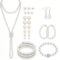 Beaded jewelry set with pearl-style necklace, bracelets, earrings, and rings