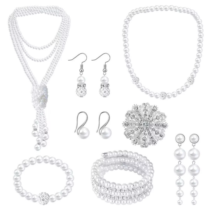 Multi-piece pearl jewelry set with layered necklaces, bracelets, dangling earrings, and flower charm
