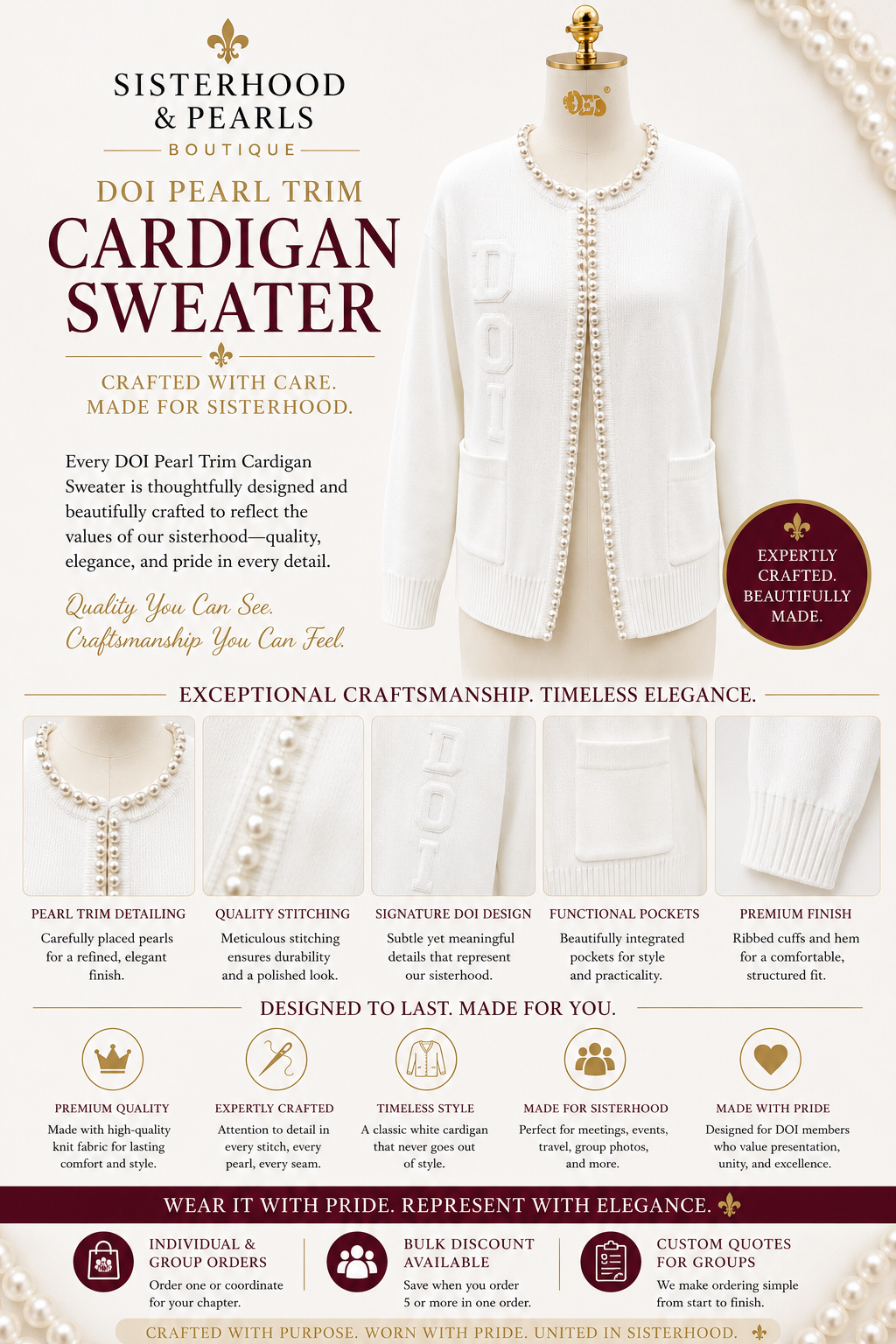 White pearl-trim cardigan sweater on mannequin with beaded collar and front pockets
